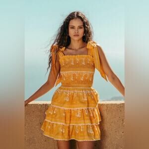 Cleobella Eliana Dress M Yellow Gold Coastal Print Tiered Mini Bohemian EUC